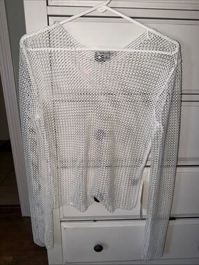 Open-Knit White Long-Sleeve Beach Cover-Up Sweater